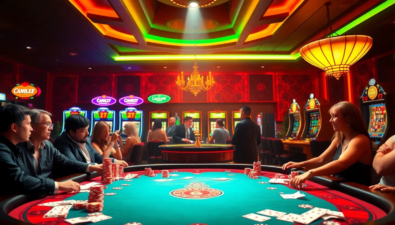 Excited players engaging at a poker table scene illustrating the vibrant atmosphere of https://s8hn.com/ casino excitement with luxury elements.