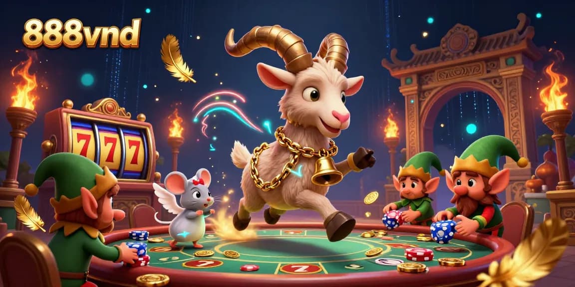 Engage in the magical world of 888vnd with cartoon characters in a dynamic casino scene, showcasing festive elements and gambling action.