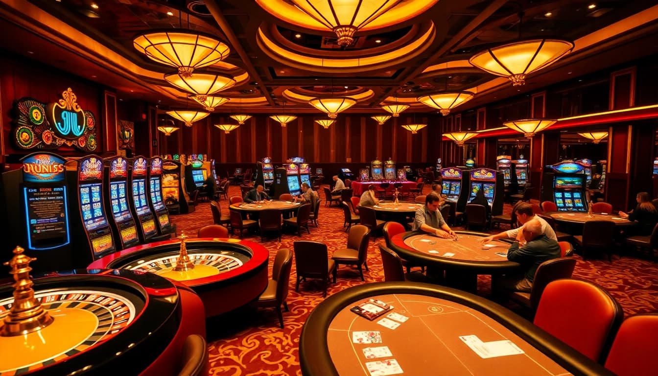 Exciting gambling atmosphere at https://lu88bb.com/ featuring luxury tables, roulette wheels, and engagement.