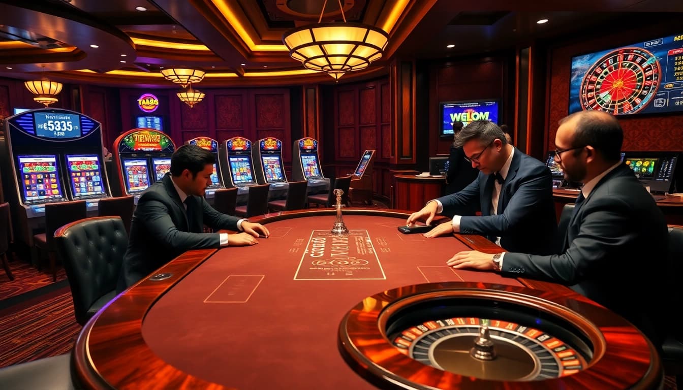Experience the thrill of winning at ta88 in a luxurious casino with vibrant poker tables and elite players.