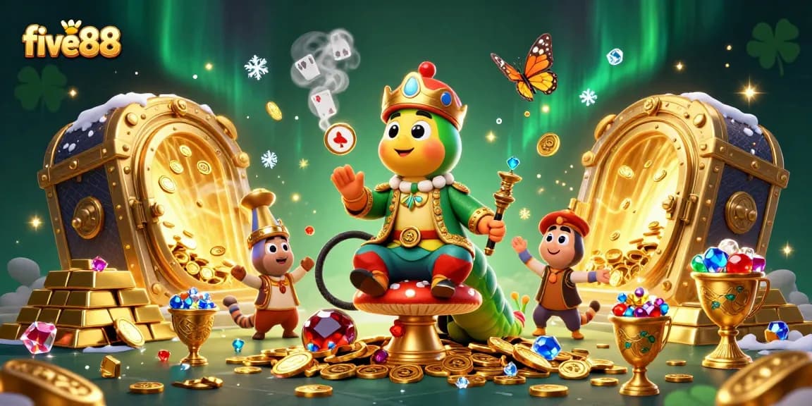 Experience excitement at five88 with a vibrant 3D casino scene featuring a unique caterpillar and treasure elements.