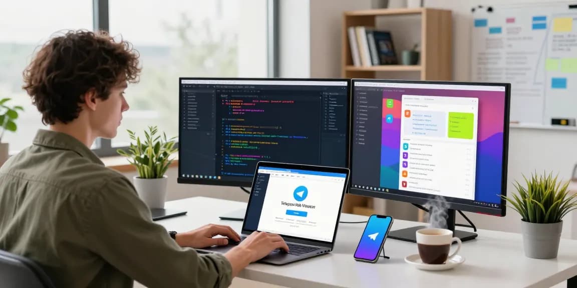 Tech-savvy individual using Telegram Web Version on a laptop in a modern workspace.