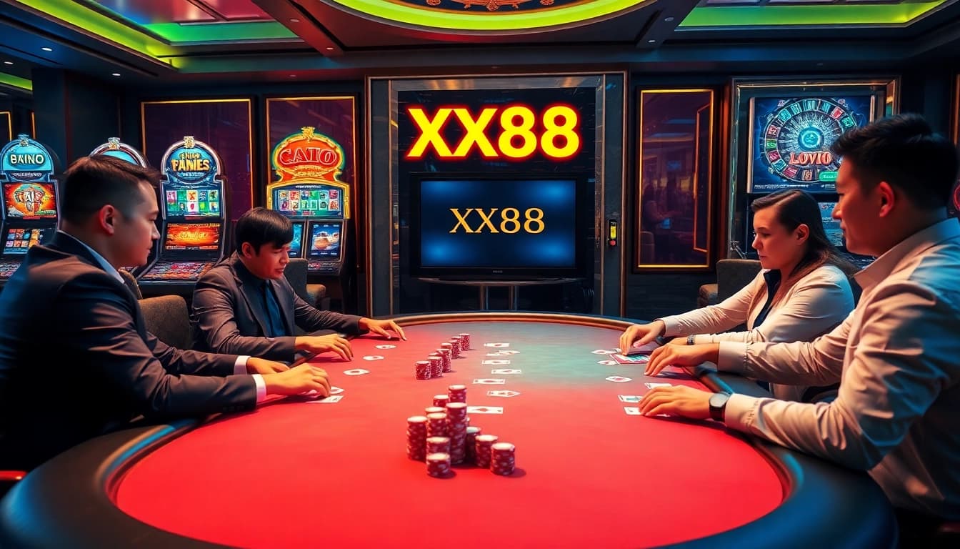 Gamblers enjoying an exciting game at the luxurious XX88 casino table with vibrant poker chips and modern slot machines.