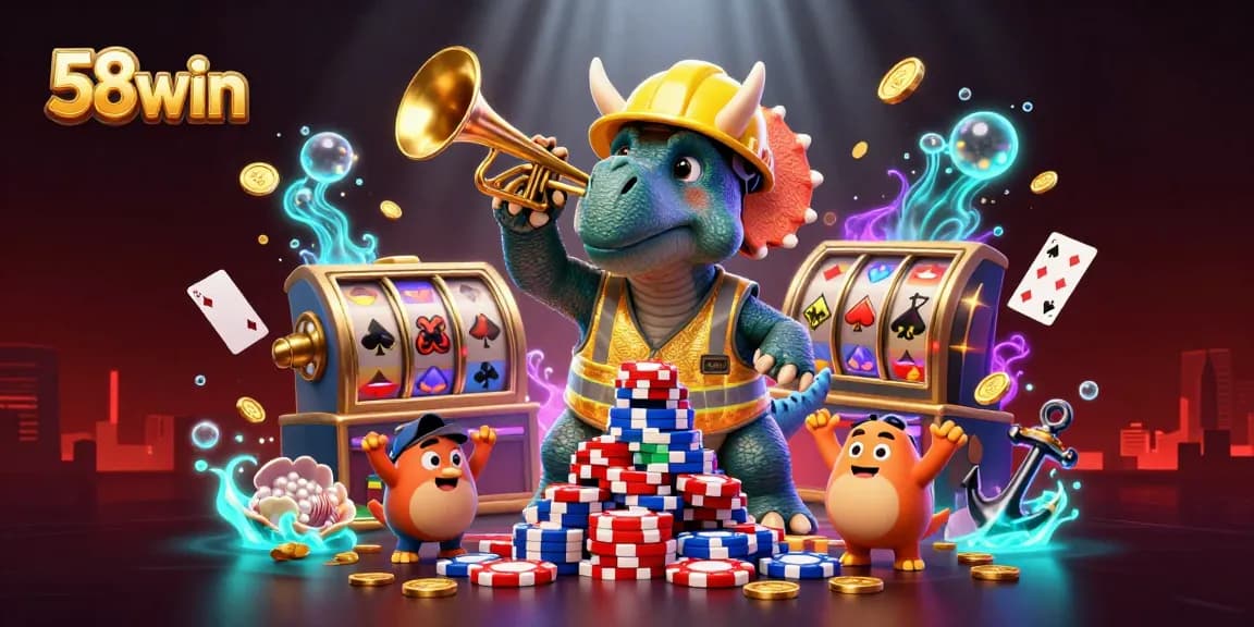 Experience the excitement at 58win with vibrant casino-themed 3D illustration showcasing gambling elements.