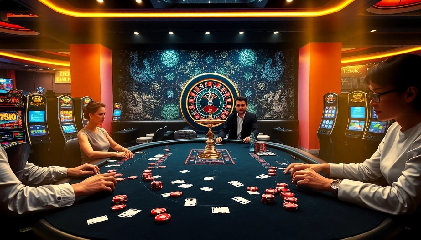 Players enjoying blackjack at a luxury table featuring may88 com's online gambling interface.