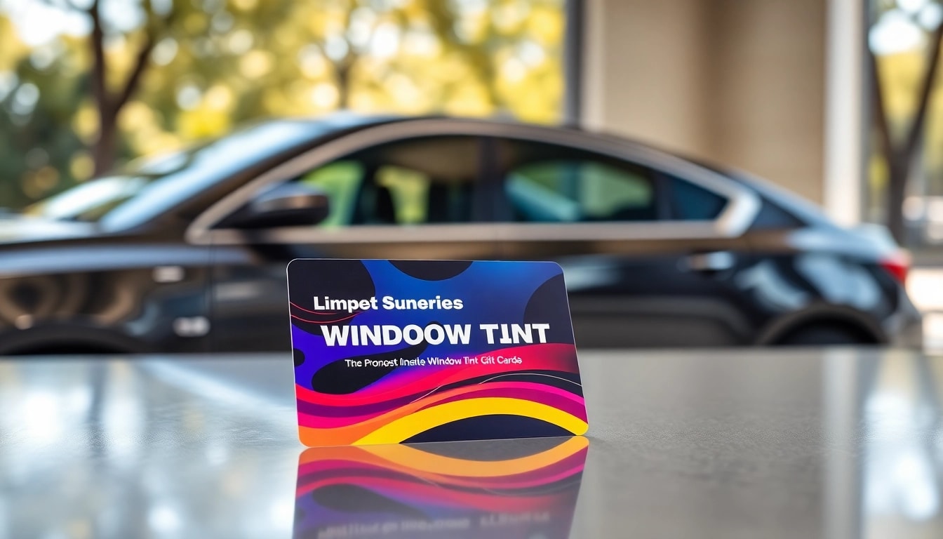 Showcase a vibrant window tint gift card against a luxurious background highlighting its premium features.