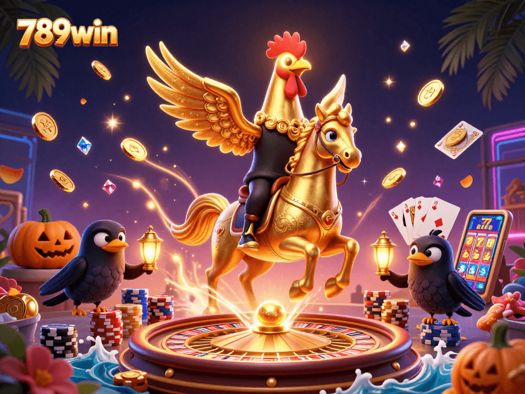 Spin and win at 789win with stunning 3D casino illustration of a golden rooster and mates.