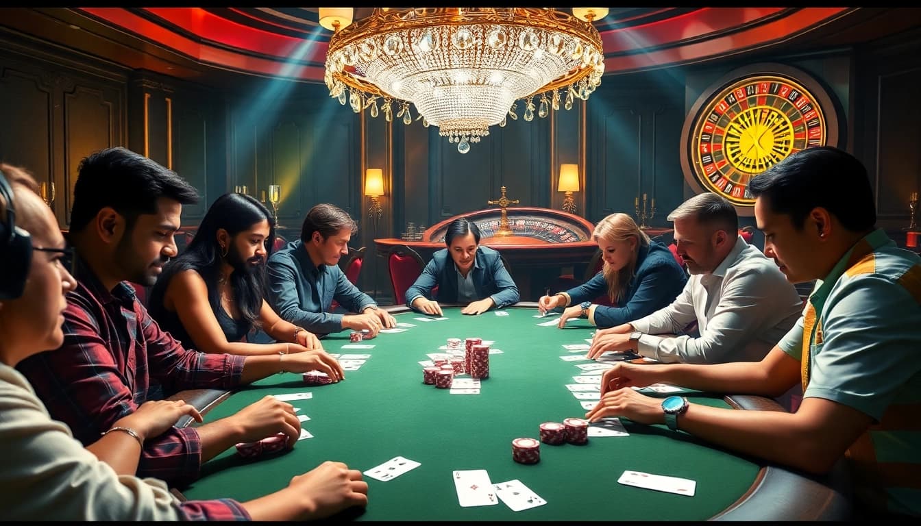 Join the poker action at https://13win00.com/ with vibrant gameplay surrounded by rich casino decor.