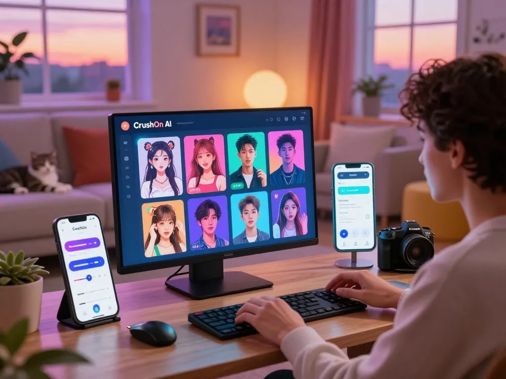 Engaging user interaction with CrushOn AI's customizable character avatars in a cozy home setting.
