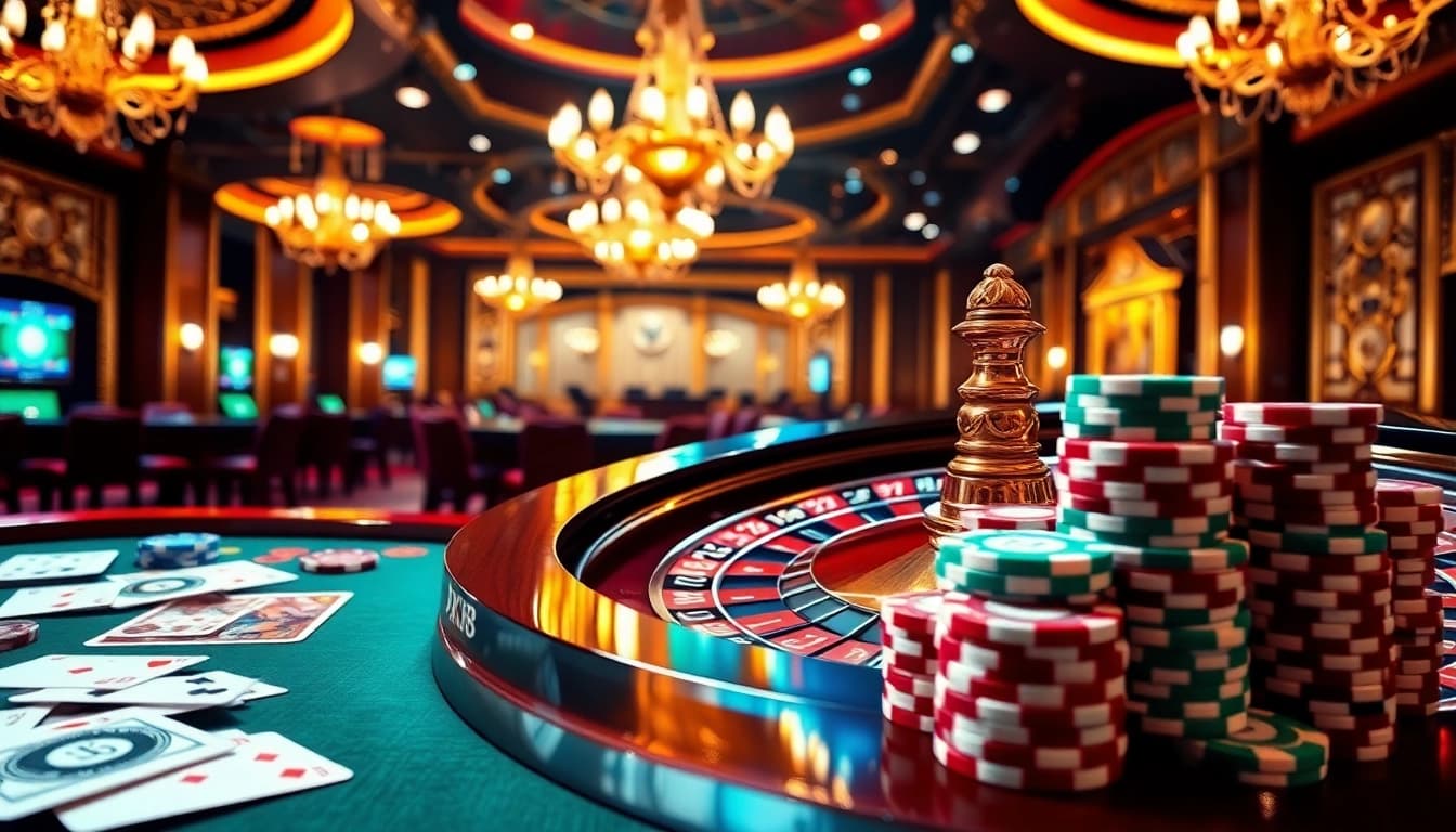 Players engaging in thrilling games at XX88 casino with vibrant colors and luxurious decor.