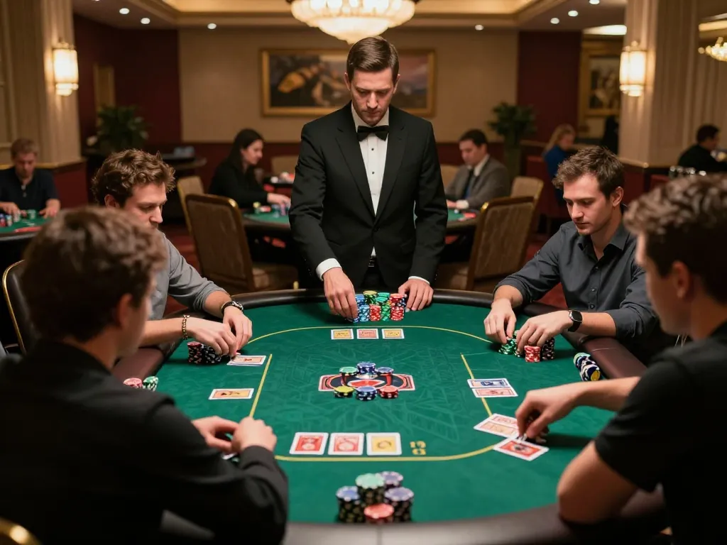 79KING poker players strategizing during intense game, vibrant casino setting with chips and cards in action.