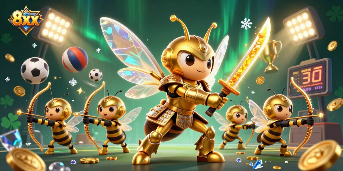 Engage with the 8xx online casino scene featuring a golden hornet and vibrant sports elements.