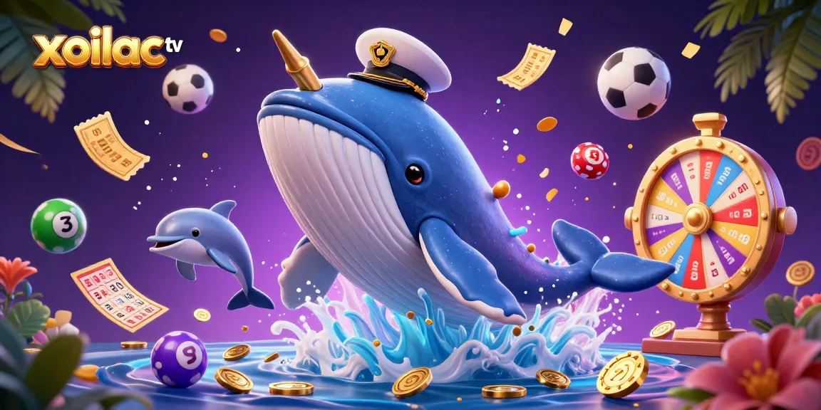 Xoilac TV showcases an exciting 3D scene with a cartoon whale and dolphins, featuring dynamic lottery elements.