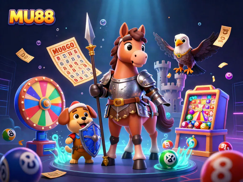 Experience thrilling gameplay at MU88 with a vibrant casino scene including knights and colorful lottery elements.