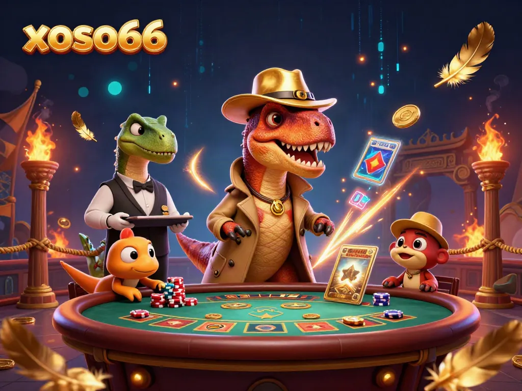 Visualize xoso66 with a velociraptor card counter and stegosaurus pit boss amidst vibrant casino elements.