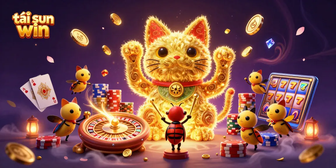 Spin to win with tải sun win, featuring a vibrant lucky cat amidst 3D casino elements.
