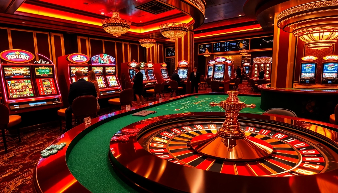 Engaged players enjoying a vibrant casino scene featuring red88 poker tables and roulette wheels.