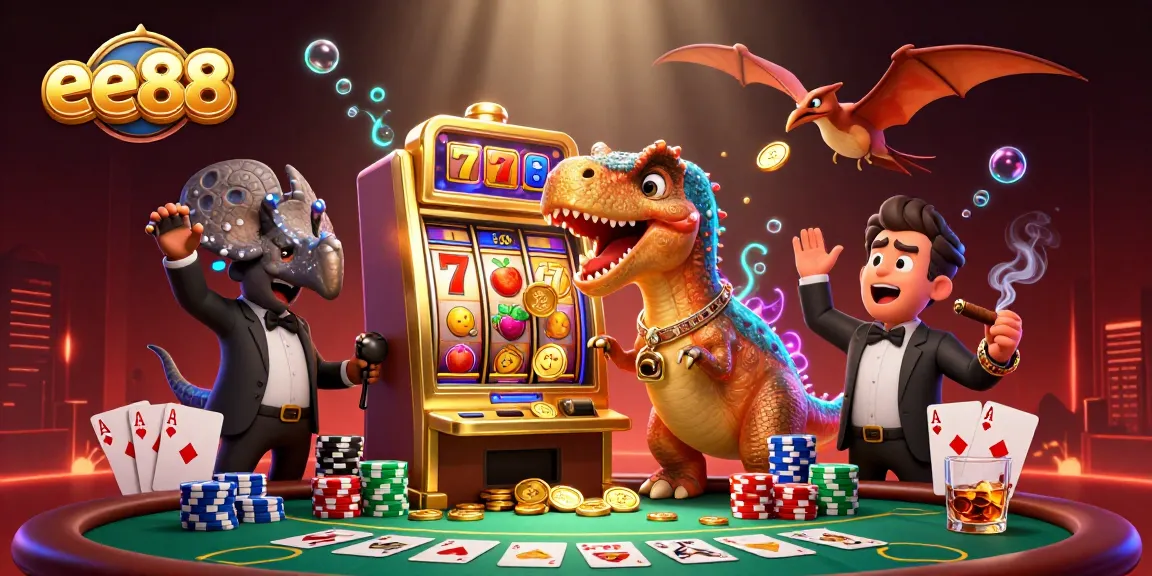ee88 showcases a pachycephalosaurus winning jackpot coins from a golden slot machine while a panic-stricken ankylosaurus manages the casino.