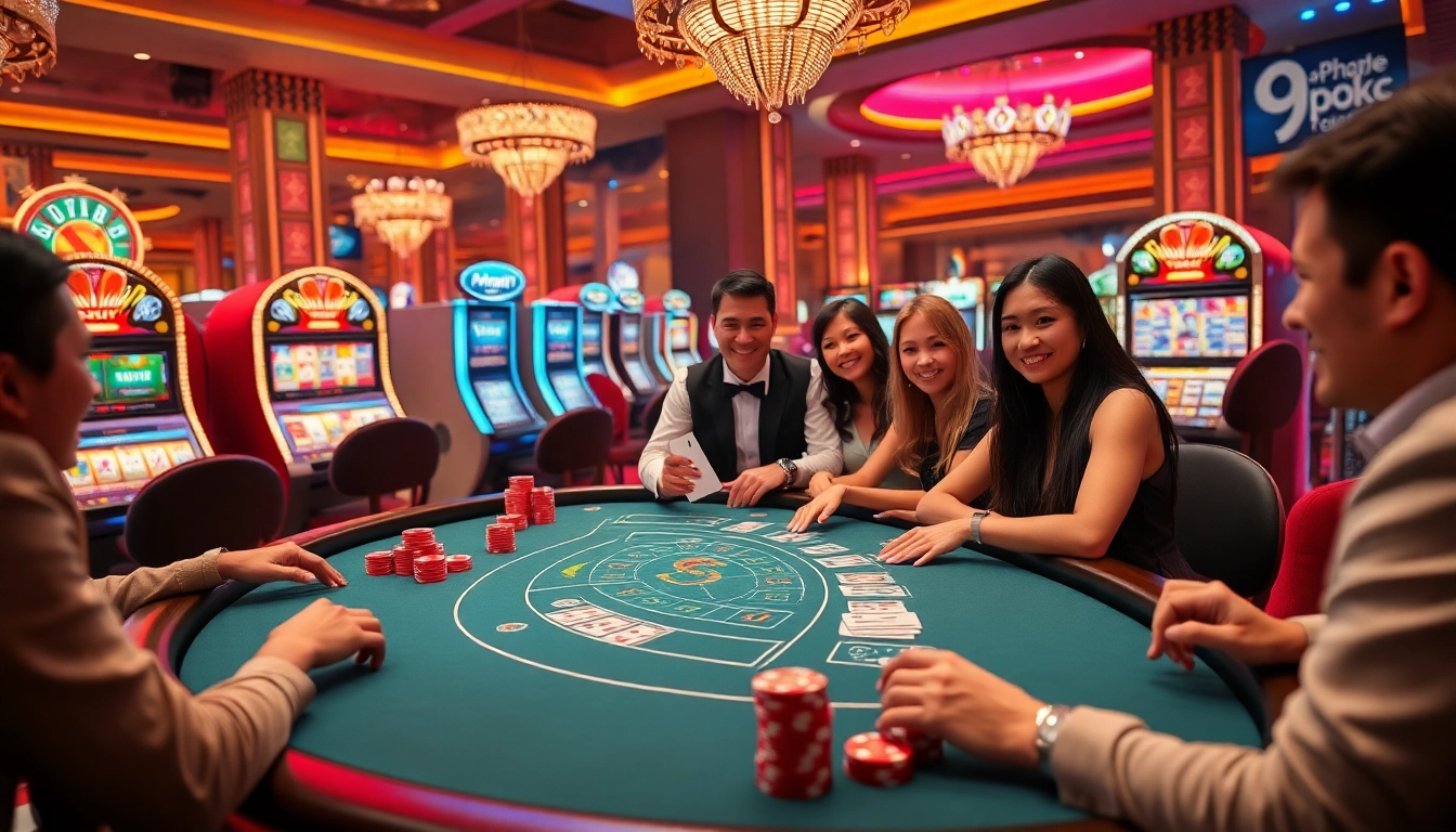 Players enjoying baccarat and slot machines at 9phabc's luxurious gaming platform.
