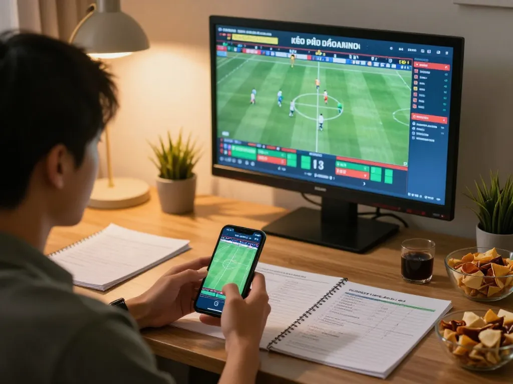 Engaged in kèo nhà cái hôm nay, a person analyzes matches while placing bets on a smartphone.