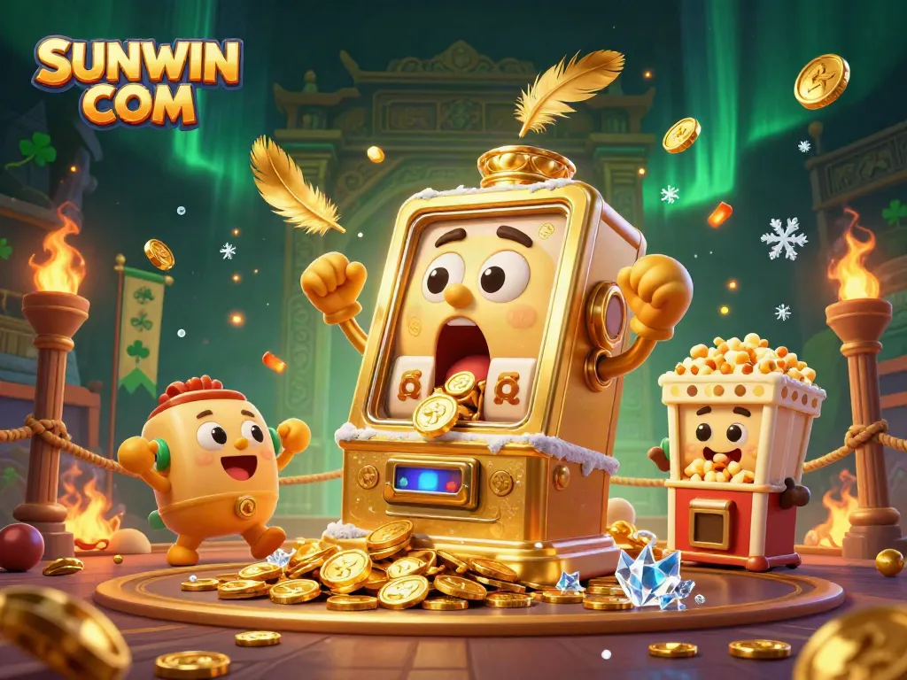 Experience the excitement at SUNWIN COM as a golden slot machine hits a jackpot amidst cheering smaller machines and a popcorn sidekick.