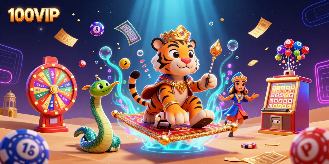 Experience the enchanting world of 100VIP with colorful lottery elements and magical casino vibes.