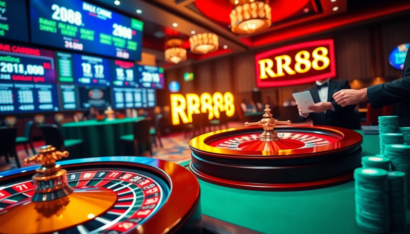 Experience the excitement of RR88 casino with vibrant roulette wheels and poker chips.