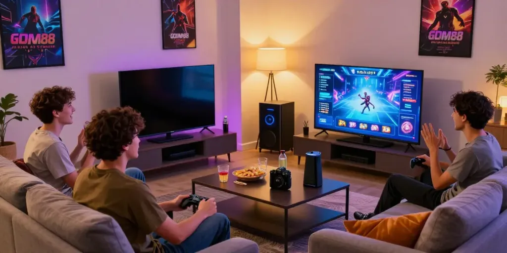Exciting group gaming at home with GEM88 on big screen, showcasing an engaging atmosphere.