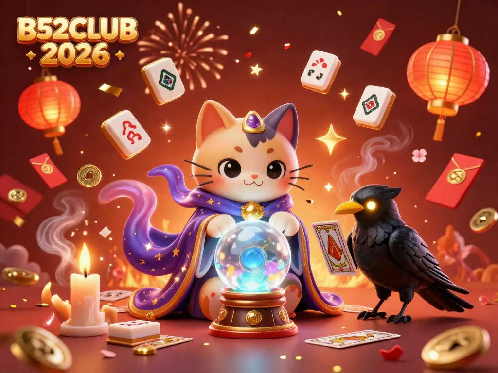 B52CLUB 2026 features a mystical scene with a fortune teller cat and raven amidst joyous celebration elements.