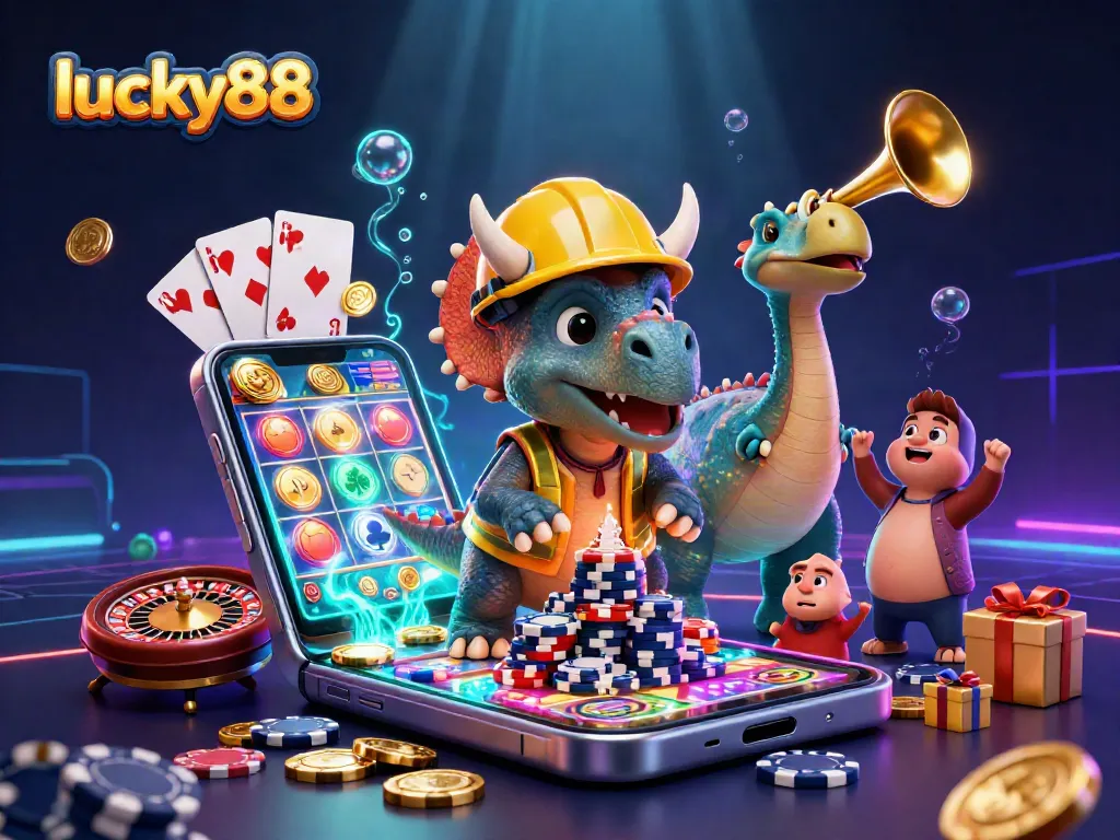 Lucky88 showcases an exciting slot game scene with playful dinosaurs and vibrant casino elements.