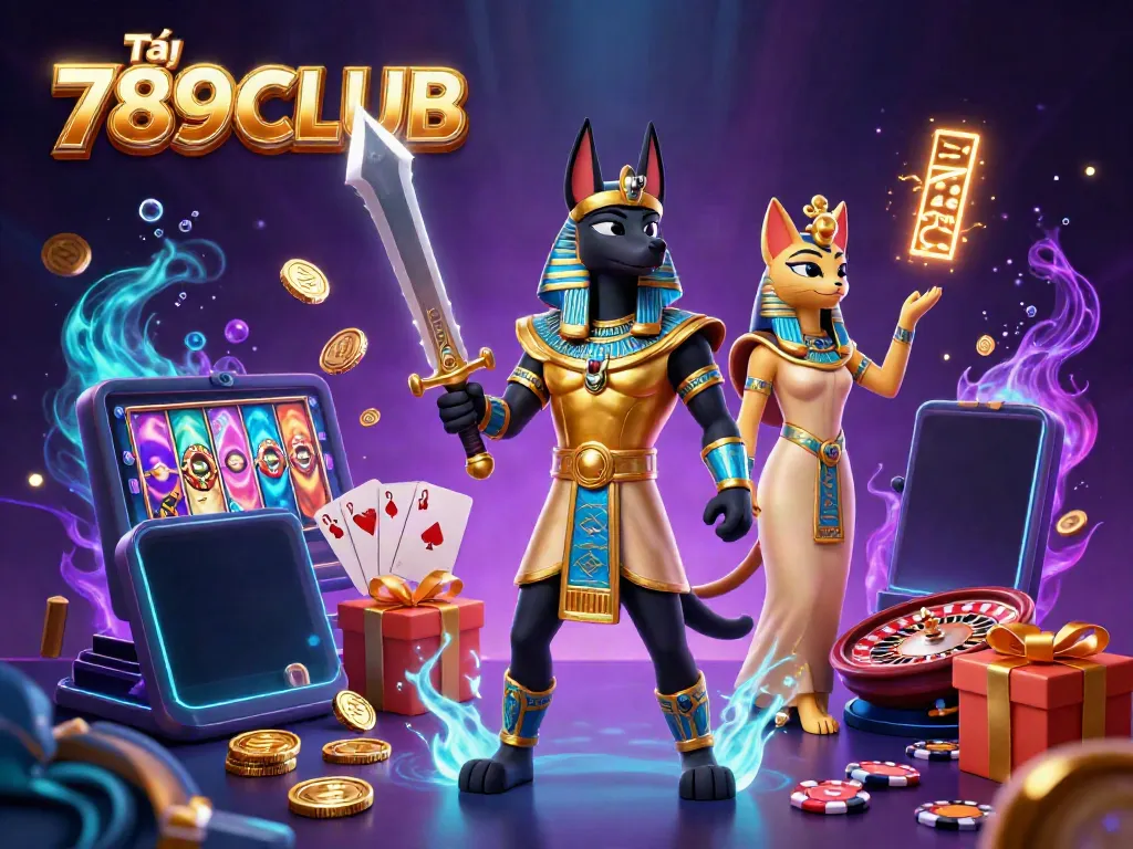Tải 789CLUB with Anubis and Bastet in an engaging casino scene surrounded by vibrant gaming elements.