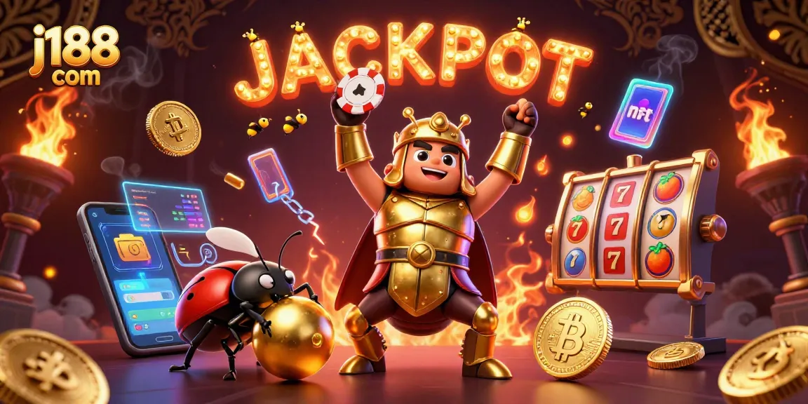 Experience jackpot excitement with j188 com through an epic 3D battle scene featuring animated beetles!