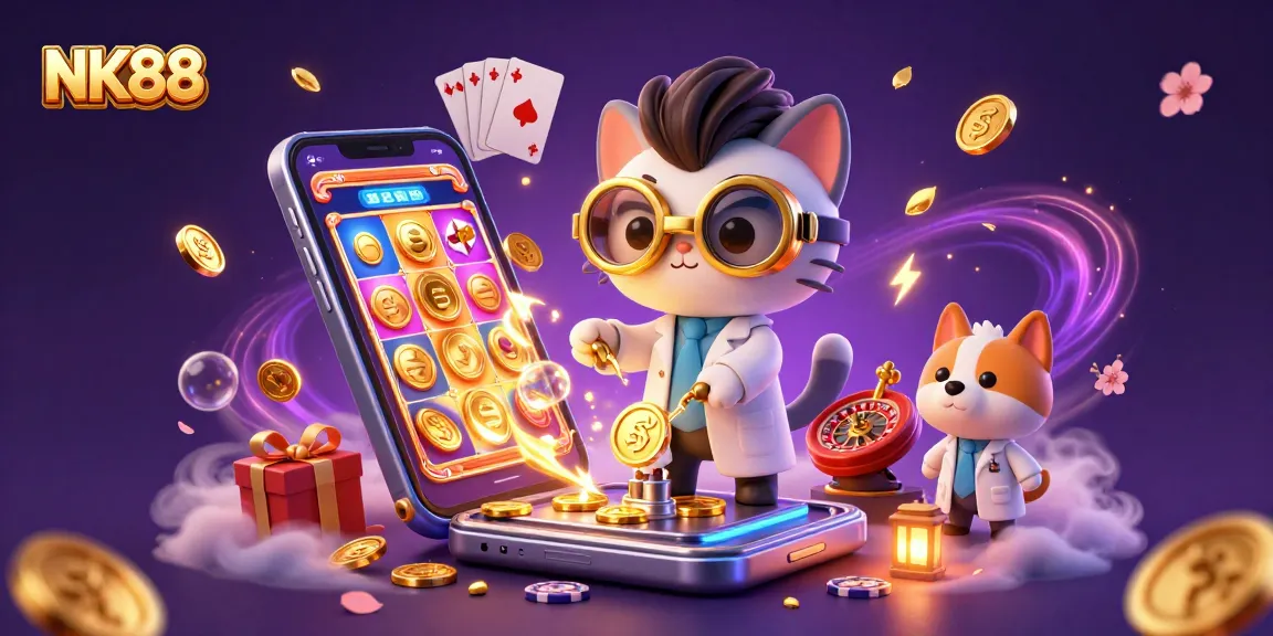 Spin and win at NK88 with vibrant slot game elements and golden coins flying in dynamic scene.