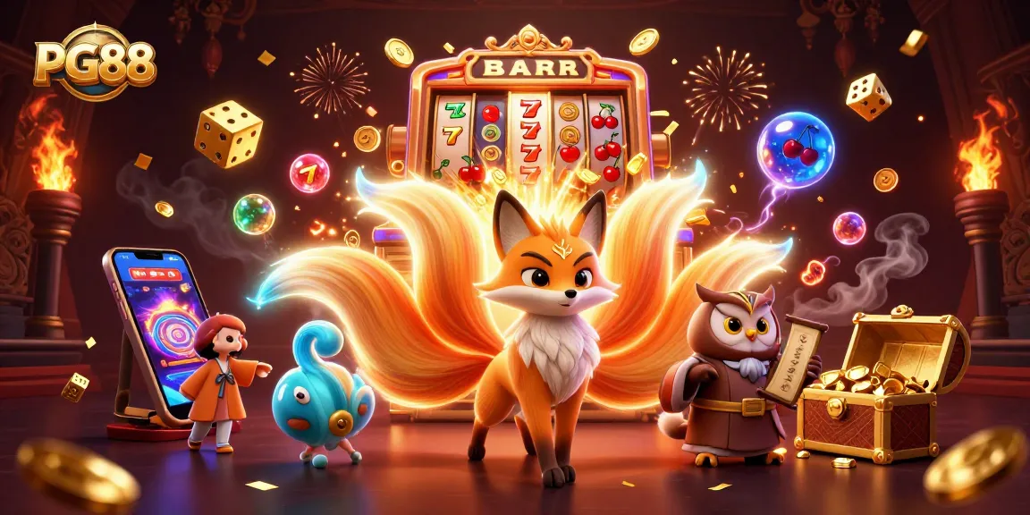 Engage with PG88 in vibrant casino excitement, featuring a colorful nine-tailed fox, symbols, and dynamic elements.