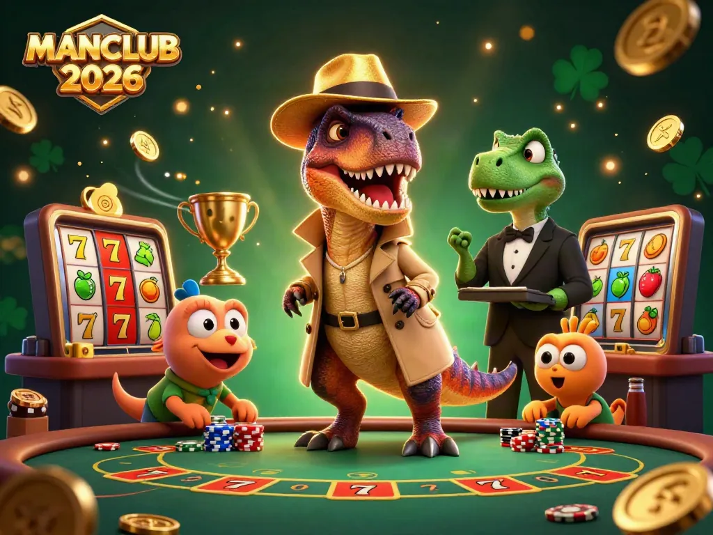 Win big at MANCLUB 2026 with 3D cartoon velociraptor card counter and exciting casino elements.