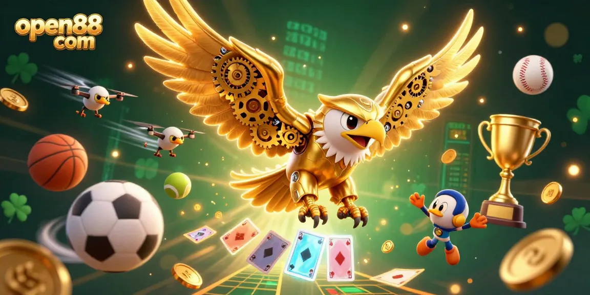 Experience the thrill of open88 com with a dynamic scene featuring a golden eagle amidst sports betting excitement.