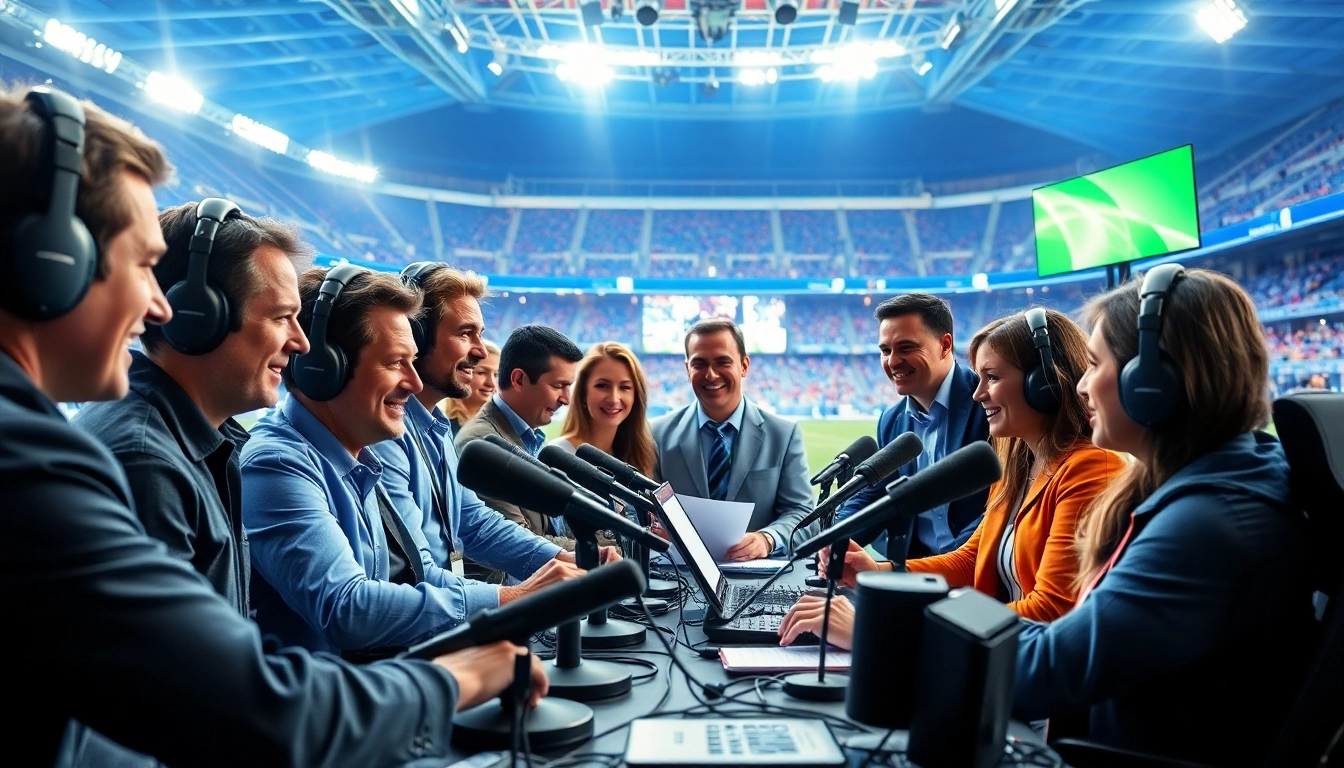 Sports Broadcasting team delivering energetic commentary in a vibrant stadium.