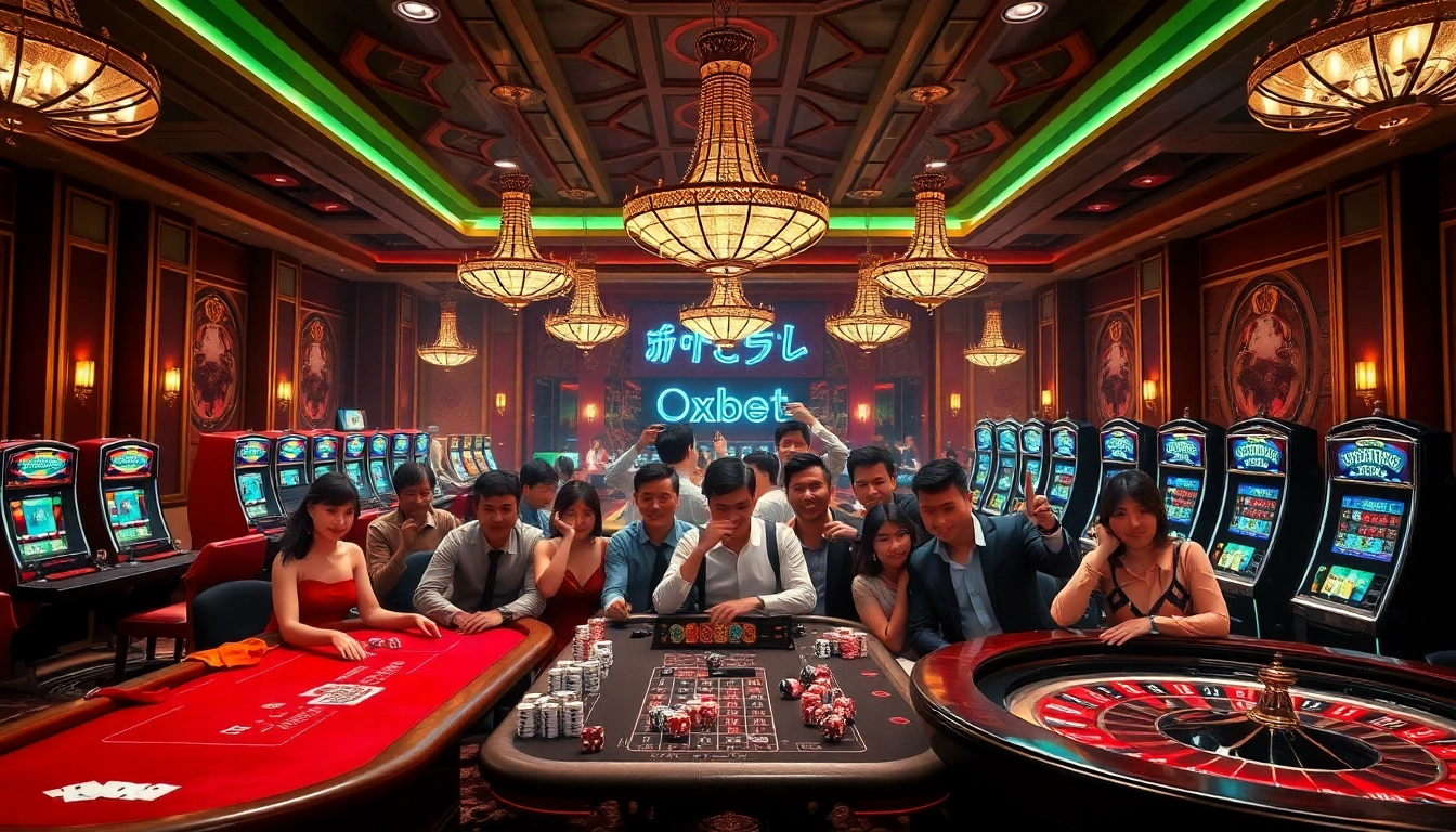 Engaging gamblers at Nhà cái OXBET enjoying a vibrant casino atmosphere.
