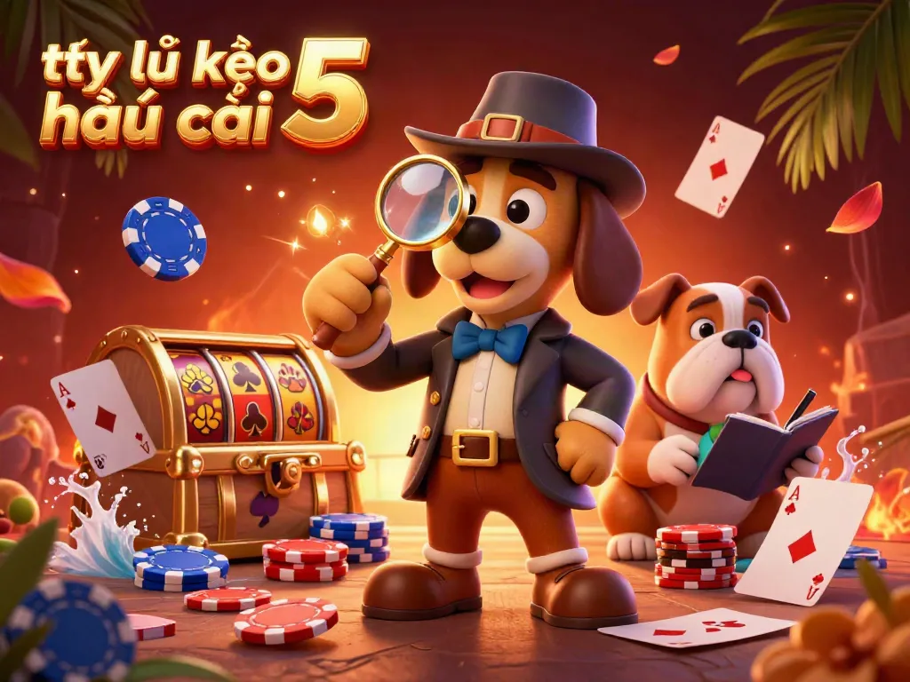 Experience the dynamic world of tỷ lệ kèo nhà cái 5 with a detective and his companion examining clues in a visually rich casino scene.
