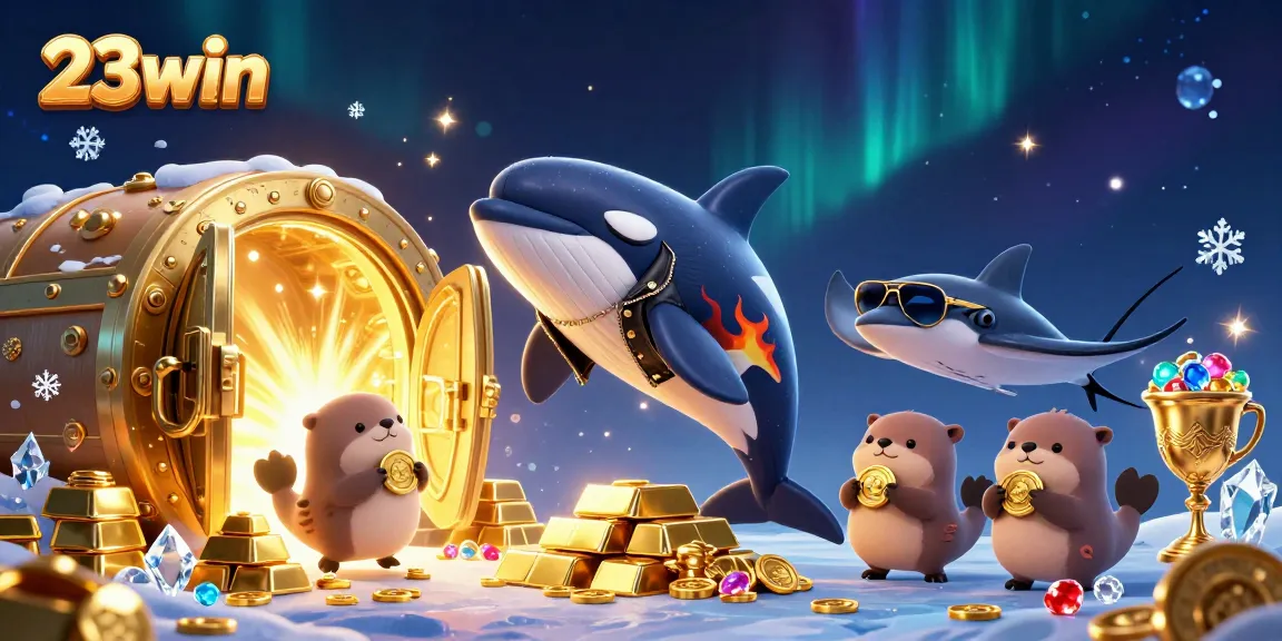 Experience the thrills of 23win, a family of otters holding coins, a jumping whale, and a stingray in an exciting casino scene.