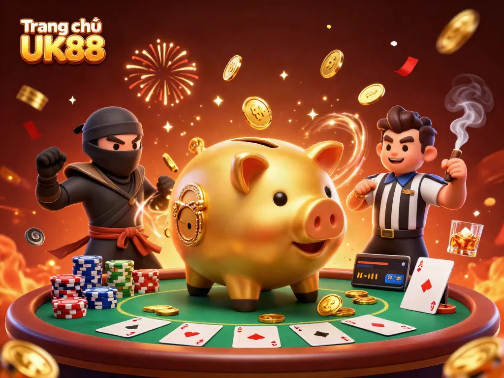 Experience thrilling action on Trang chủ UK88 with a dynamic casino scene featuring colorful poker elements.