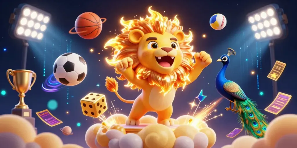 Experience thrilling gambling at UU88 with an energetic illustration of the mascot sun lion and sports elements.