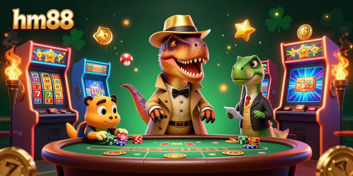 Experience excitement at hm88 with a velociraptor card counter amid animated casino elements.