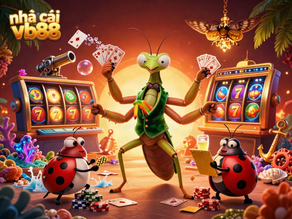 Engage with nhà cái vb88 in this vibrant illustration, showcasing slot reels and dynamic casino elements.