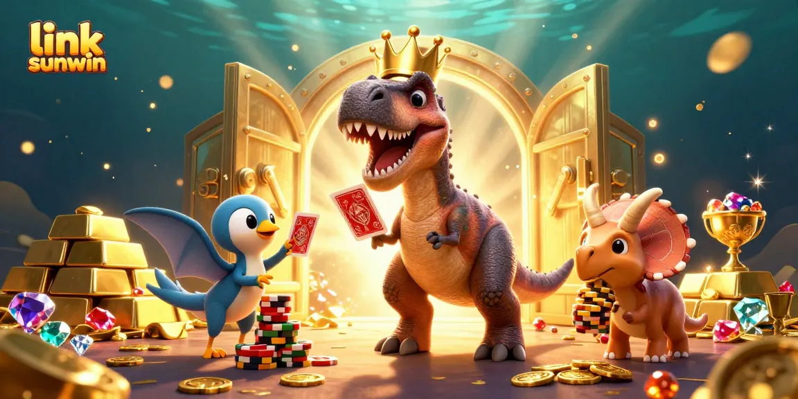 Engage with link sunwin as a T-Rex and pterodactyl encounter lively cards and golden chips in a dazzling casino.