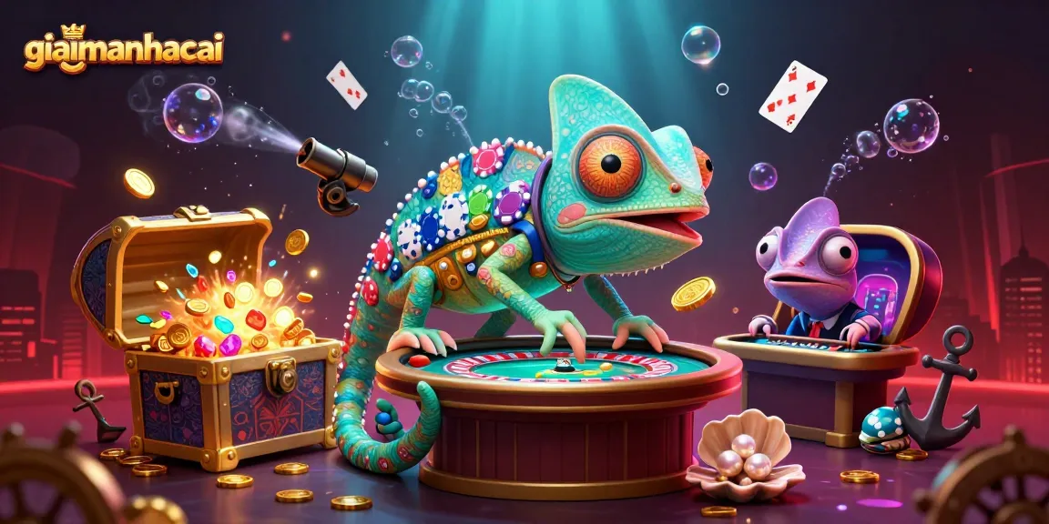 Engage with giayimanhacai's vibrant casino world filled with a chameleon character watching the action around dynamic game elements.