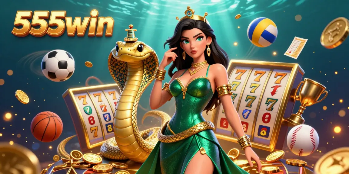 Experience the thrilling world of 555win with a vibrant 3D casino scene featuring spinning slots and dazzling golden elements.