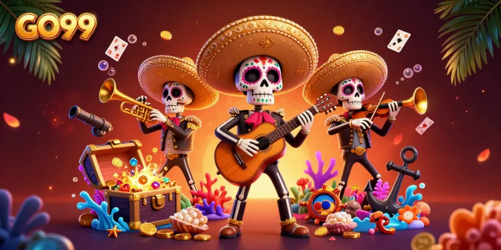 Experience the vibrant GO99 casino world through a dynamic 3D illustration featuring a mariachi band and exciting game elements.