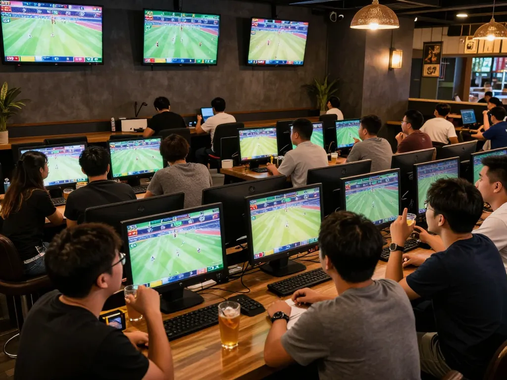 Engaging patrons placing bets using apps while watching live sports at a bar, showcasing kèo nhà cái trực tiếp atmosphere