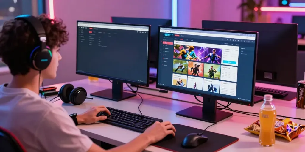 Immersive online gaming scene with NBET platform interface showcasing vibrant betting options and a user engaged with gaming accessories.
